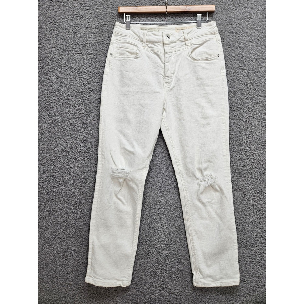 Pilcro Anthropologie High Rise Slim Jeans 30 White Distressed Knee Raw Hem Boho